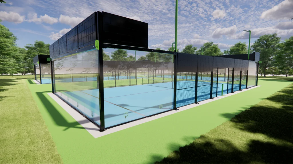 Velserbroek Hofgeest padelbanen met geluidsabsorberende panelen en geluidswallen outdoor panorama